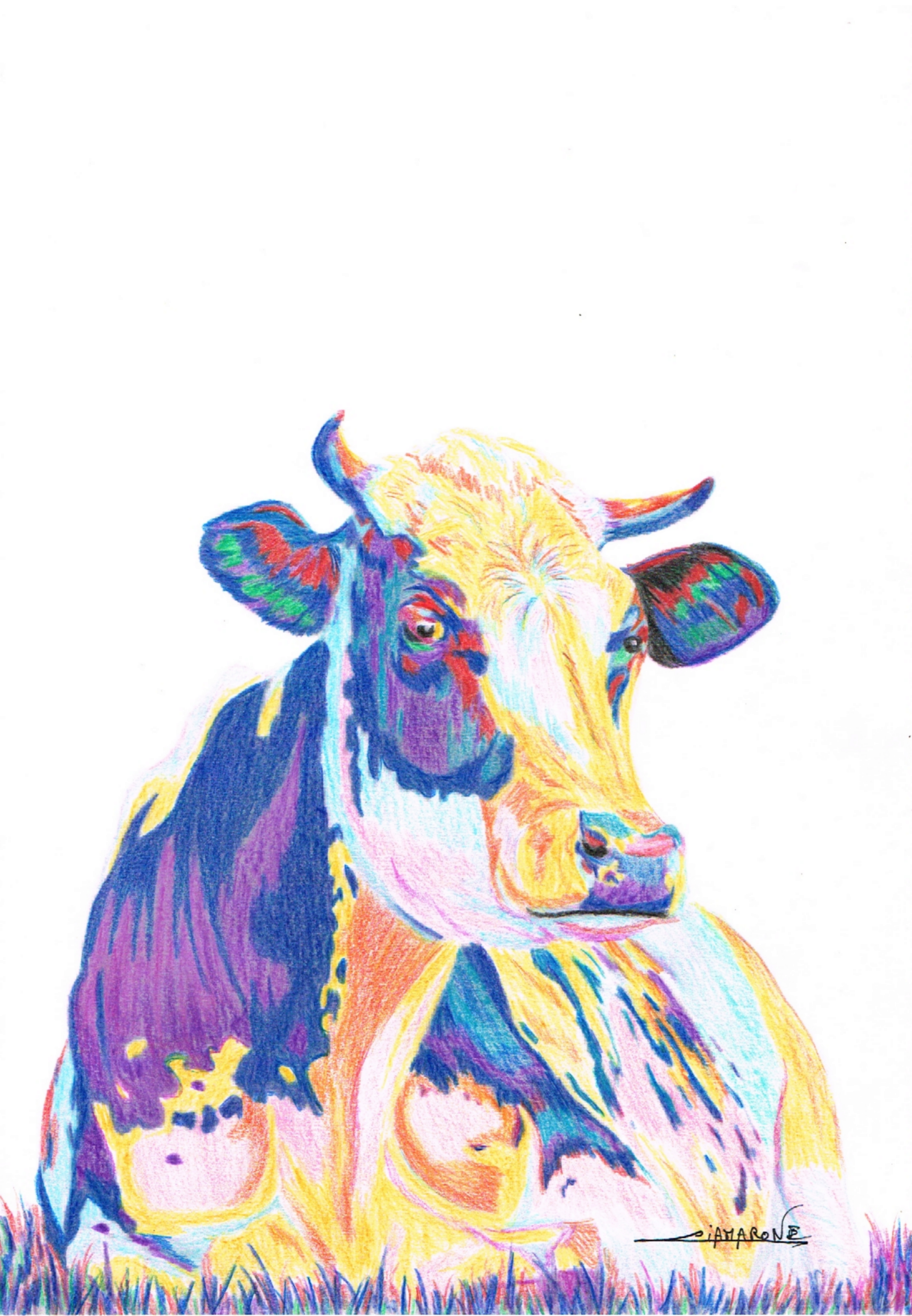 dessin vache pop art "couché sur un trefle a 4 feuilles" 