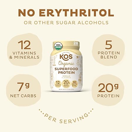KOS Vegan Protein Powder Erythritol Free, Vanilla USDA Organic - Pea Protein Blend
