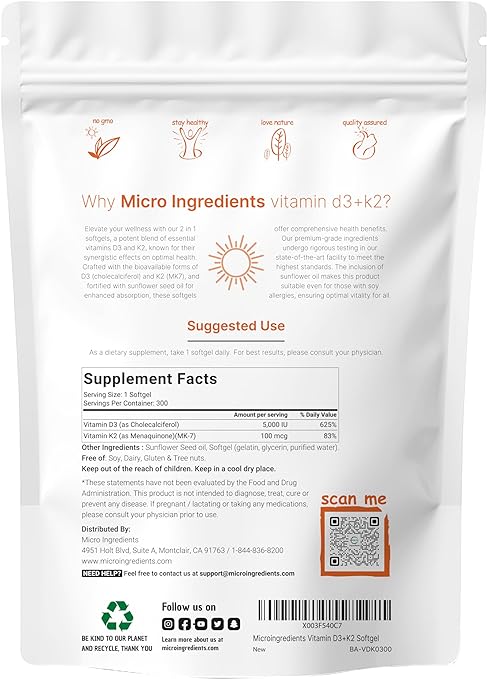 Micro Ingredients Vitamin D3 5000 IU with K2 100 mcg, 300 Soft-Gels 