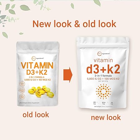 Micro Ingredients Vitamin D3 5000 IU with K2 100 mcg, 300 Soft-Gels 