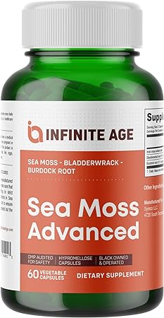 INFINITE AGE: 1250mg Sea Moss Advanced Superfood - High-Potency, Vegan, Made in The USA - Irish Sea Moss, Bladderwrack, Burdock Root - Overall Health, Immunity Support, 60 Sea Moss Capsules