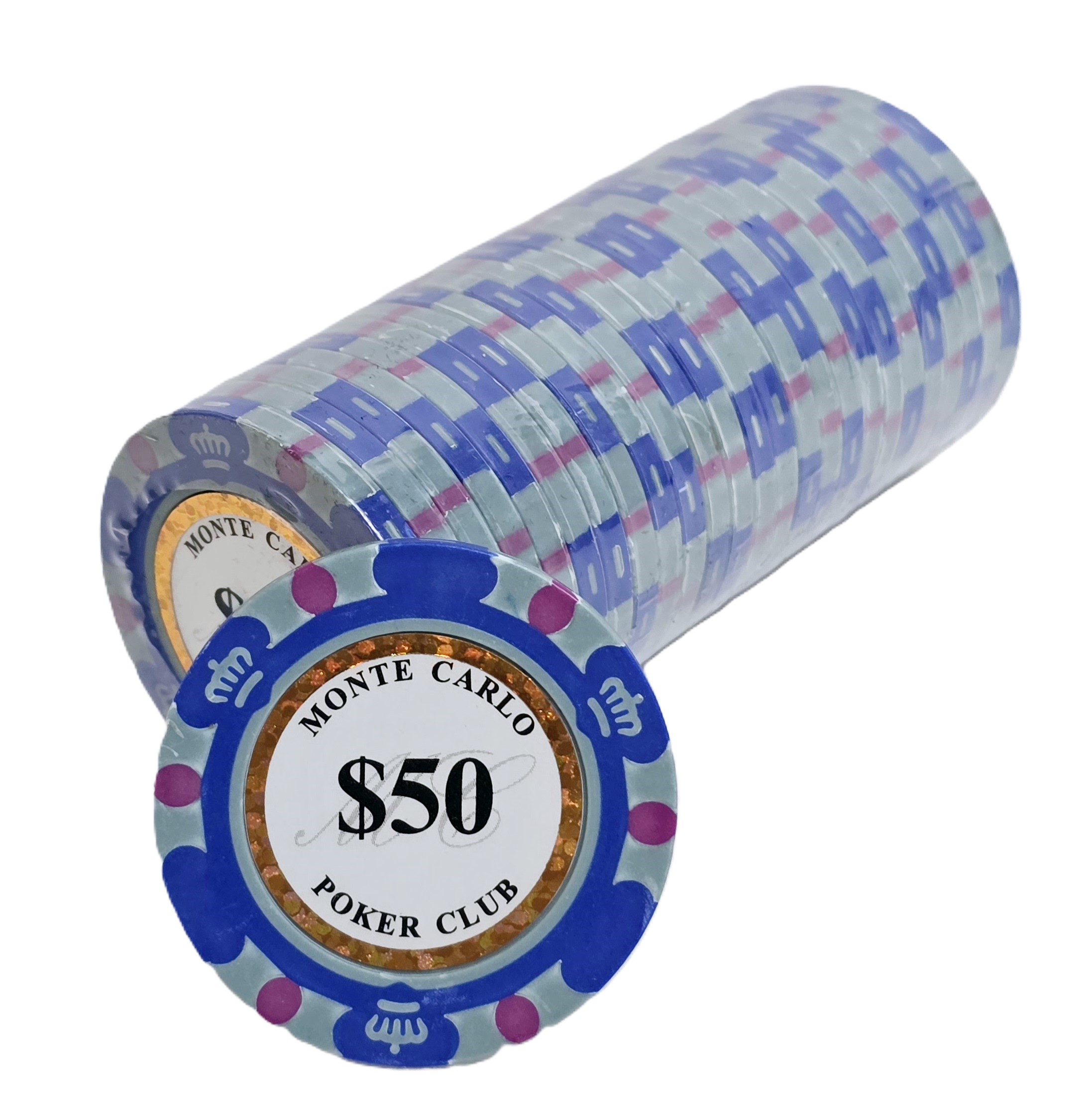 (25) $50 (Blue) 3-Tone 14g Monte Carlo's 