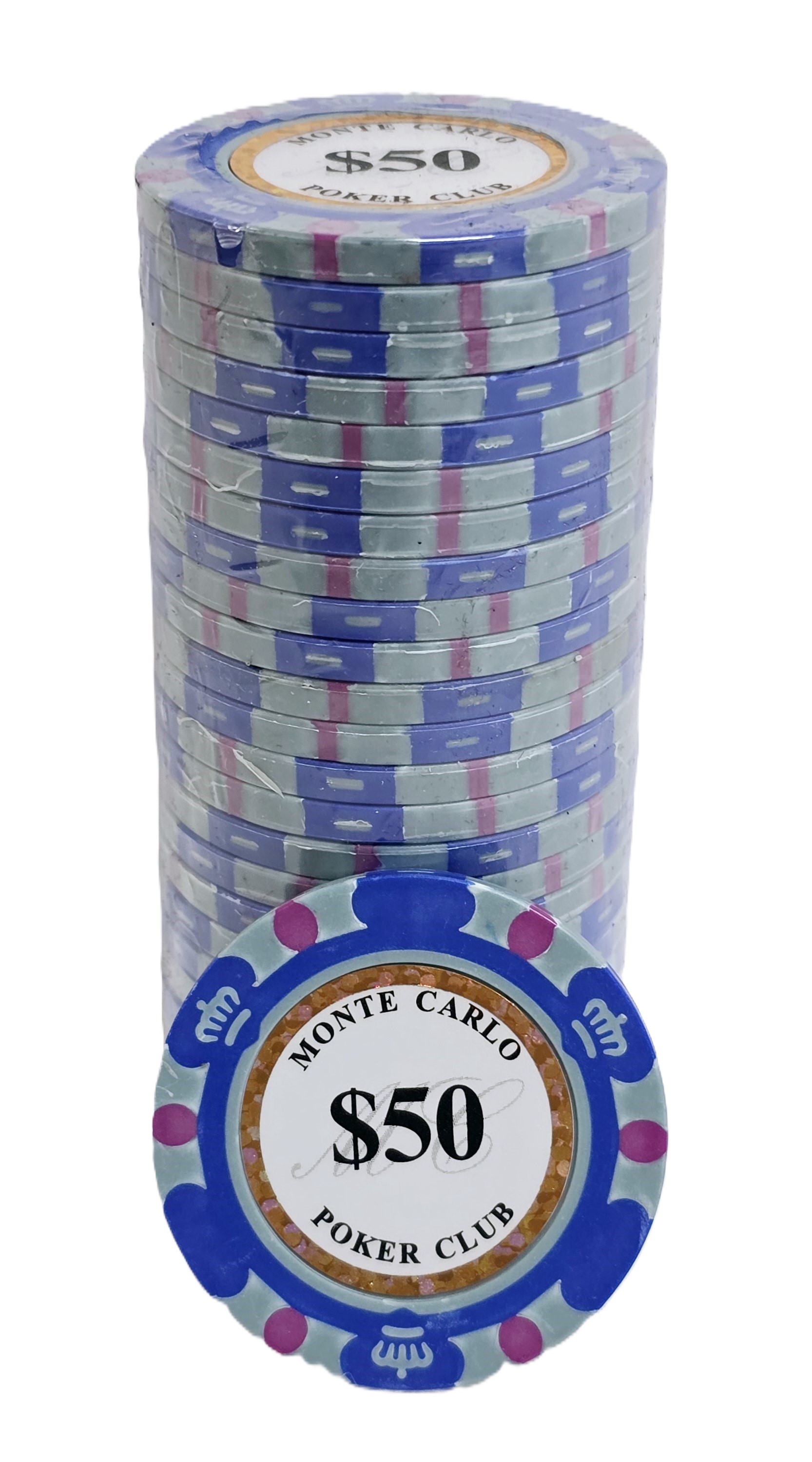 (25) $50 (Blue) 3-Tone 14g Monte Carlo's 