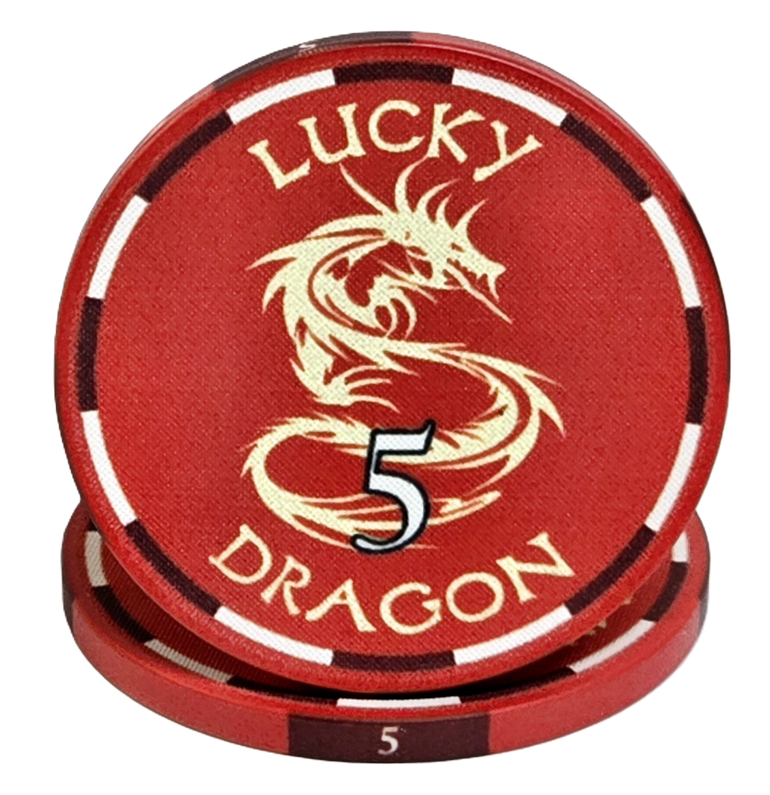 (25) $5 Red 10g Ceramic Lucky Dragons