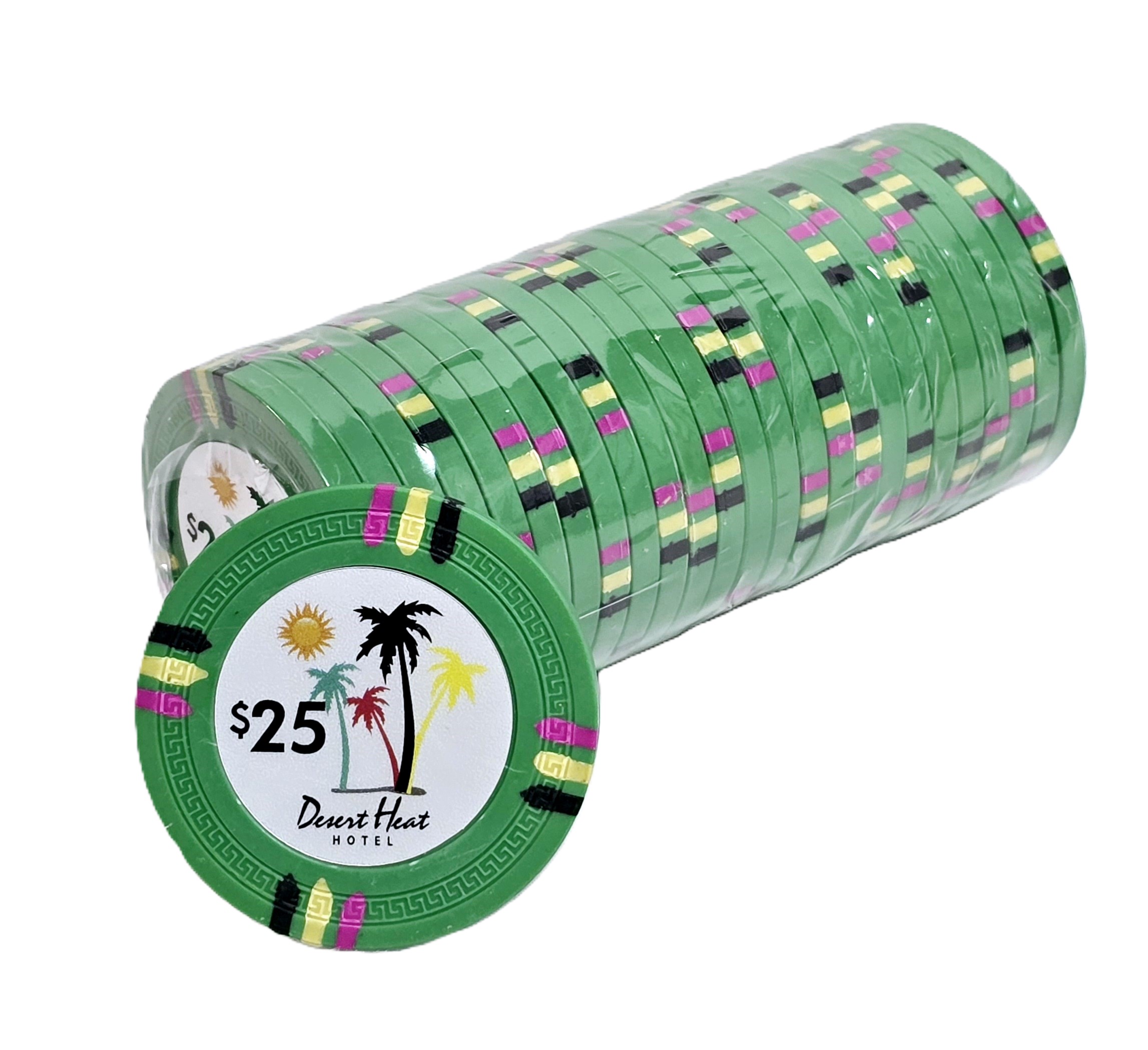 (25) $25 Green 14g Desert Heat Chips