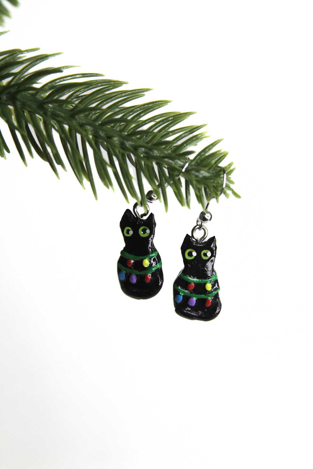 Christmas Cat Earrings - Black Cat Dangle Earrings