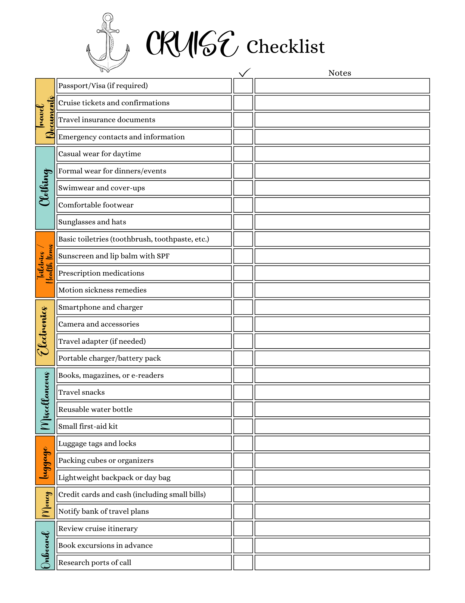 Printable Cruise Checklist PDF