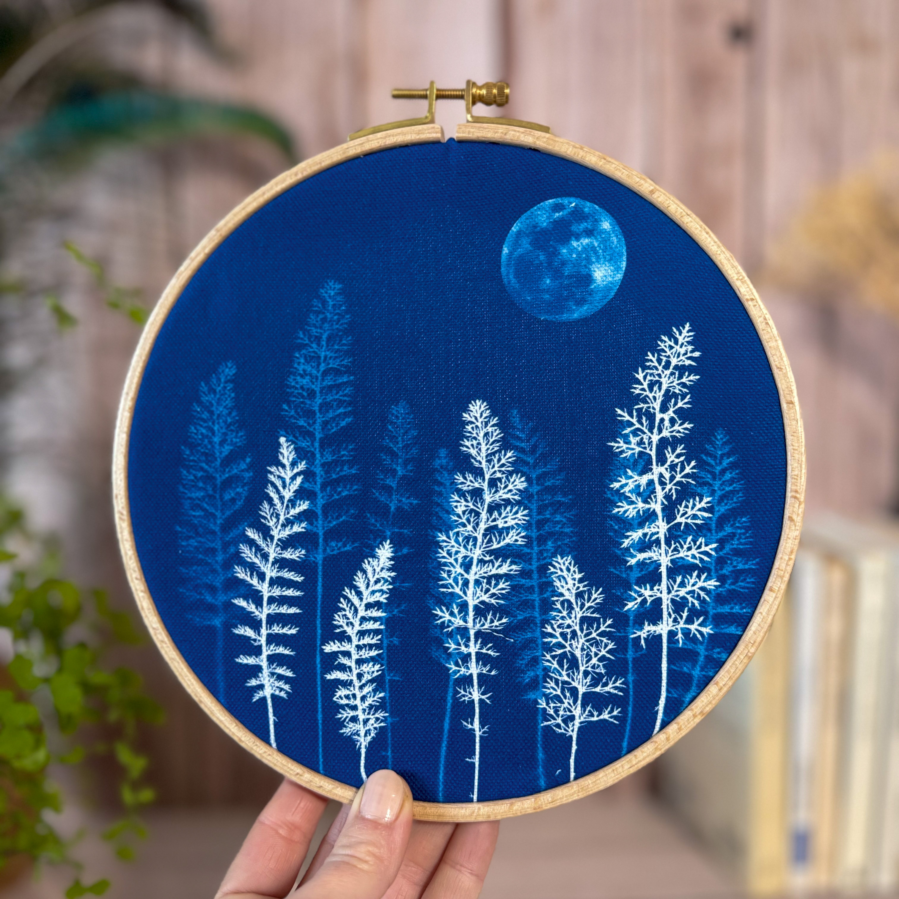 Cyanotype sur tissu - diamètre 18,5 cm