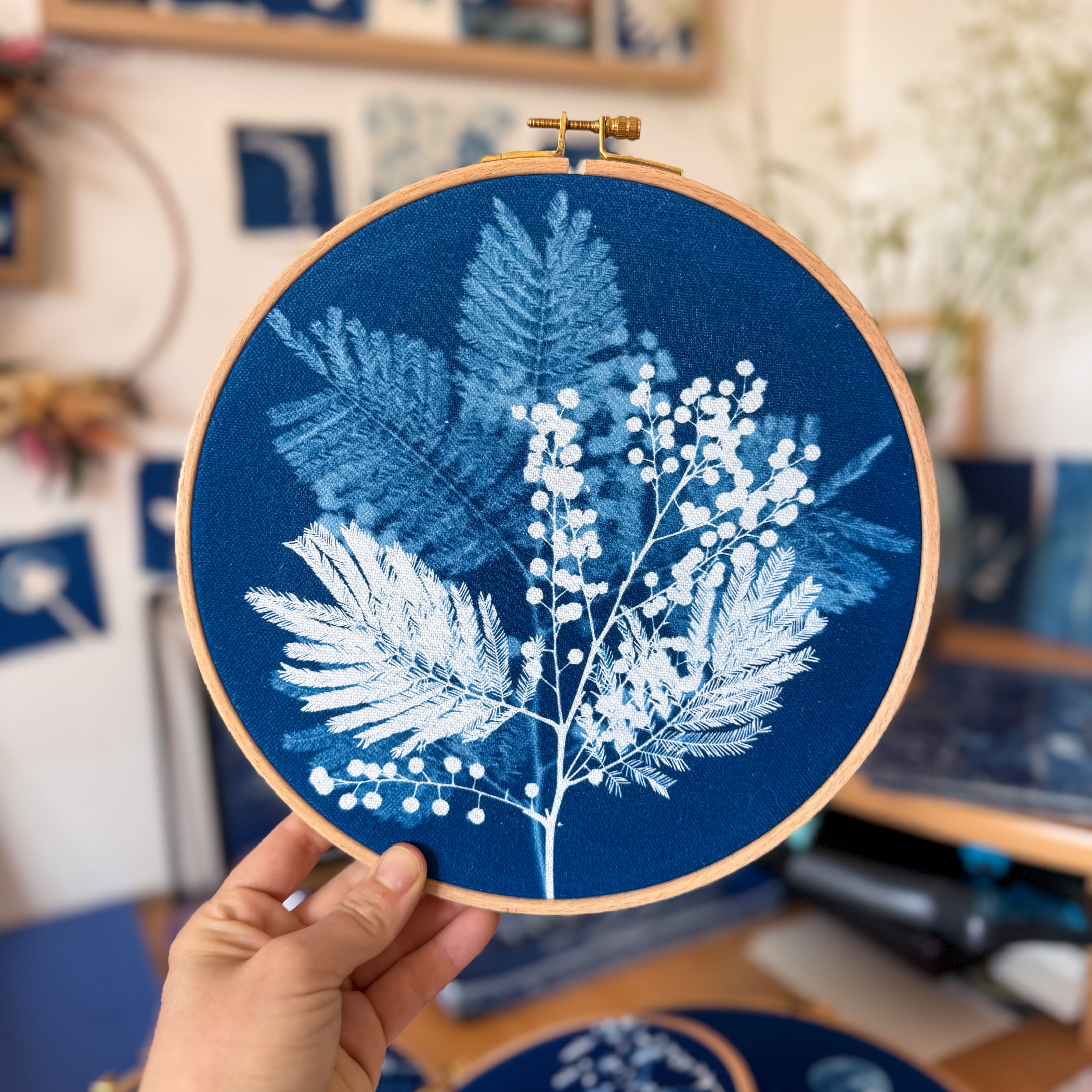 Cyanotype sur tissu - diamètre 21,5 cm