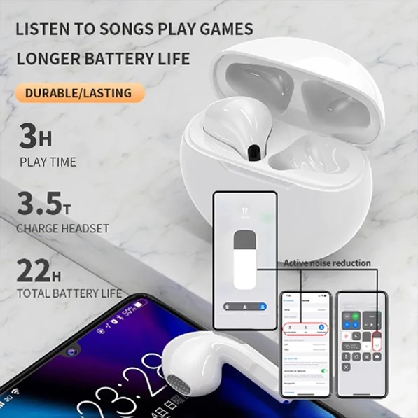 White - Pro6 Wireless Earbuds (Bluetooth 5.0 Earphones)