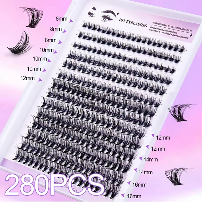 DIY Lash Extension Kit, 280pcs 8-16mm Mix Lash Clusters D Curl Eyelash Extensions, Natural Look Individual Lashes