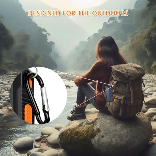 Mobile Power, Solar Portable Charger for All Devices - 10000 Mah Long Lasting, Travel Camping, LED Flashlight, Built-in Compass, Carabiner