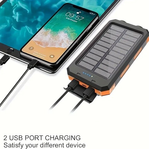 Mobile Power, Solar Portable Charger for All Devices - 10000 Mah Long Lasting, Travel Camping, LED Flashlight, Built-in Compass, Carabiner
