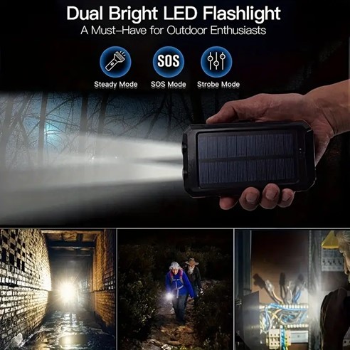 Mobile Power, Solar Portable Charger for All Devices - 10000 Mah Long Lasting, Travel Camping, LED Flashlight, Built-in Compass, Carabiner