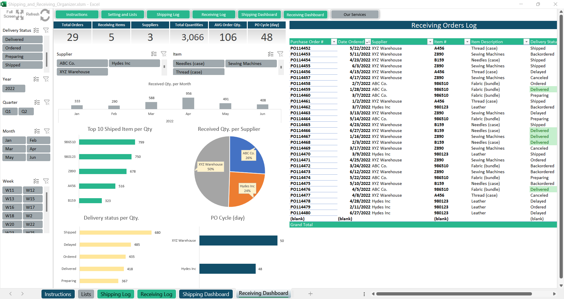 Shipping and Receiving Organizer