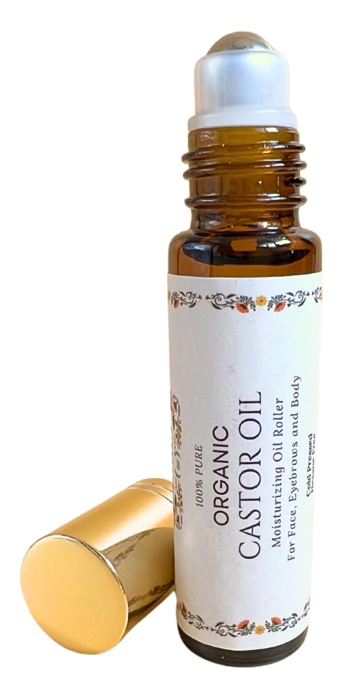 Glass Bottle Organic Castor Oil Roll On For Easy Application - Pure Cold Pressed, Hexane Free, No Mess Roller for Under Eyes, Brows, Lashes, Lips, Hair, Cuticles and Body - Moisturzing (Castor Oil)