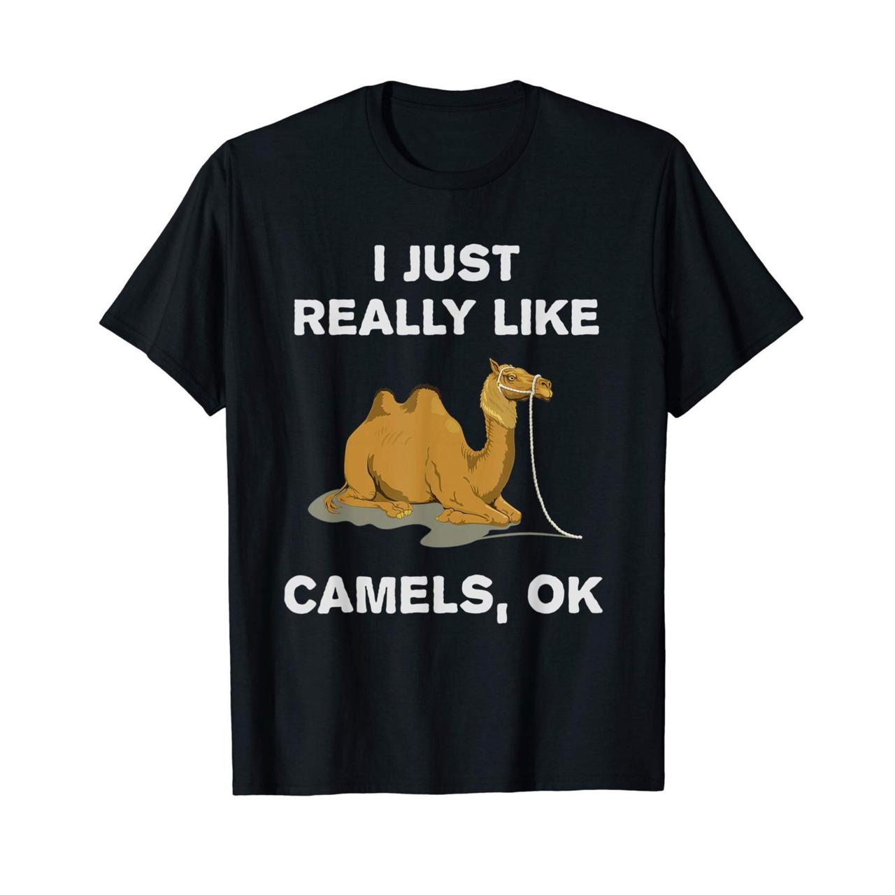 Black Printed T Shirt For Men: I REALLY LIKE CAMELS, OK