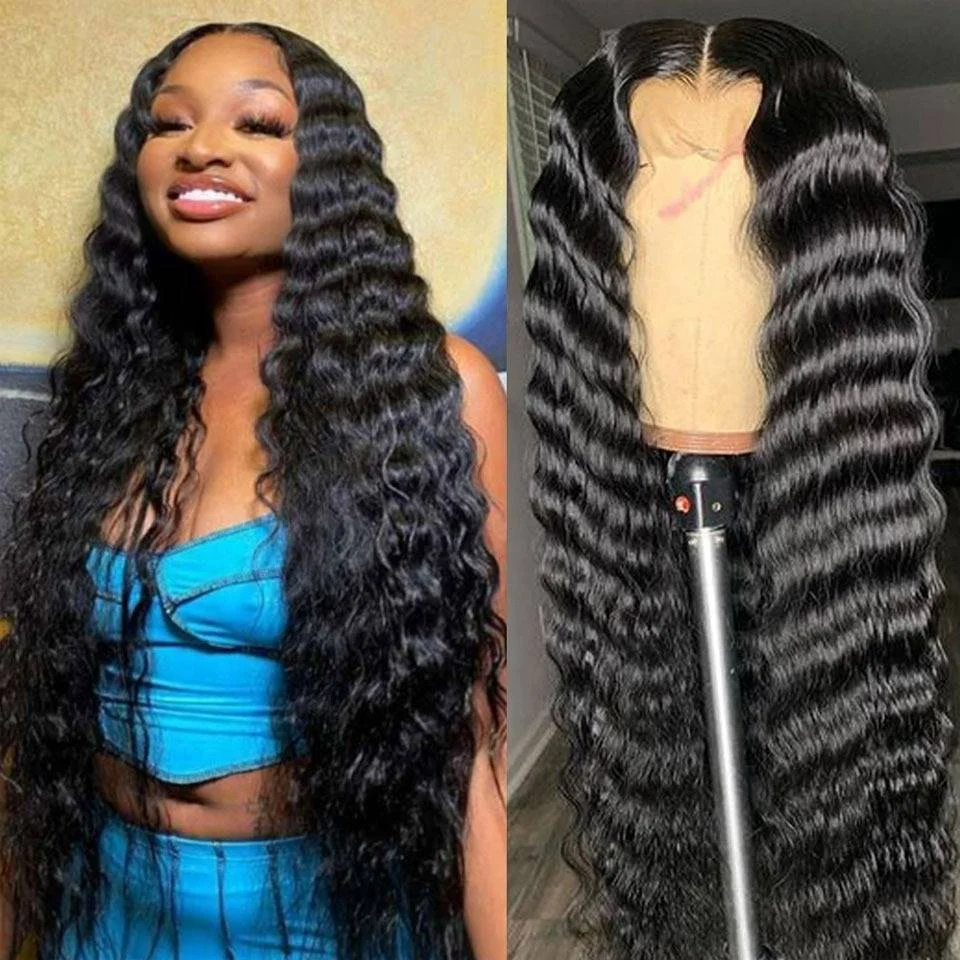 Transparent HD lace wig Wholesale Deep Wave 5x5 Lace Closure Black Wigs 180% Density