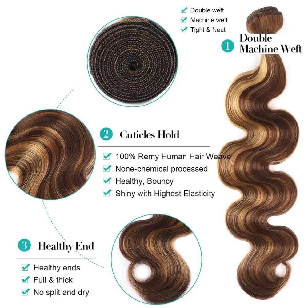  Raw Hair Guru's Highlights P4-27# 11A Grade 100% Brazilian Remy Virgin Human Hair Double weft Body Wave Hair weave bundles 