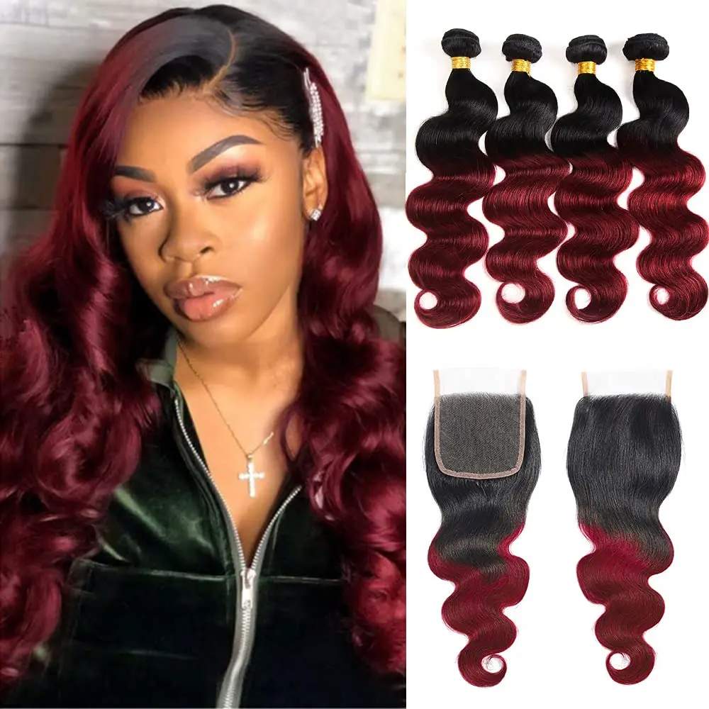 Ombre T1B-Burgundy Dark Roots 2 Tone 12a Brazilian Remy Cuticle aligned Body Wave human hair bundles & 5X5 Lace Closure