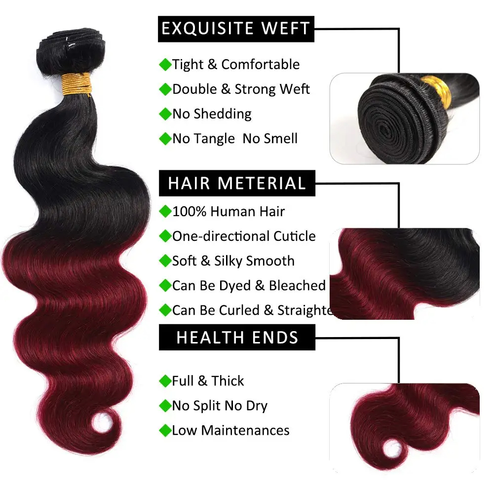 Ombre T1B-Burgundy Dark Roots 2 Tone 12a Brazilian Remy Cuticle aligned Body Wave human hair bundles & 5X5 Lace Closure