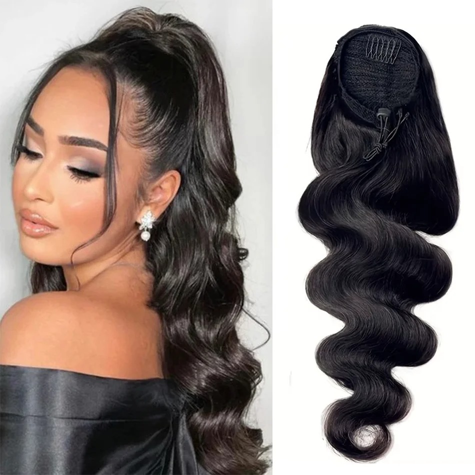 Body Wave Drawstring Ponytail Extension – 100% Real Human Hair, Soft Wavy Finish