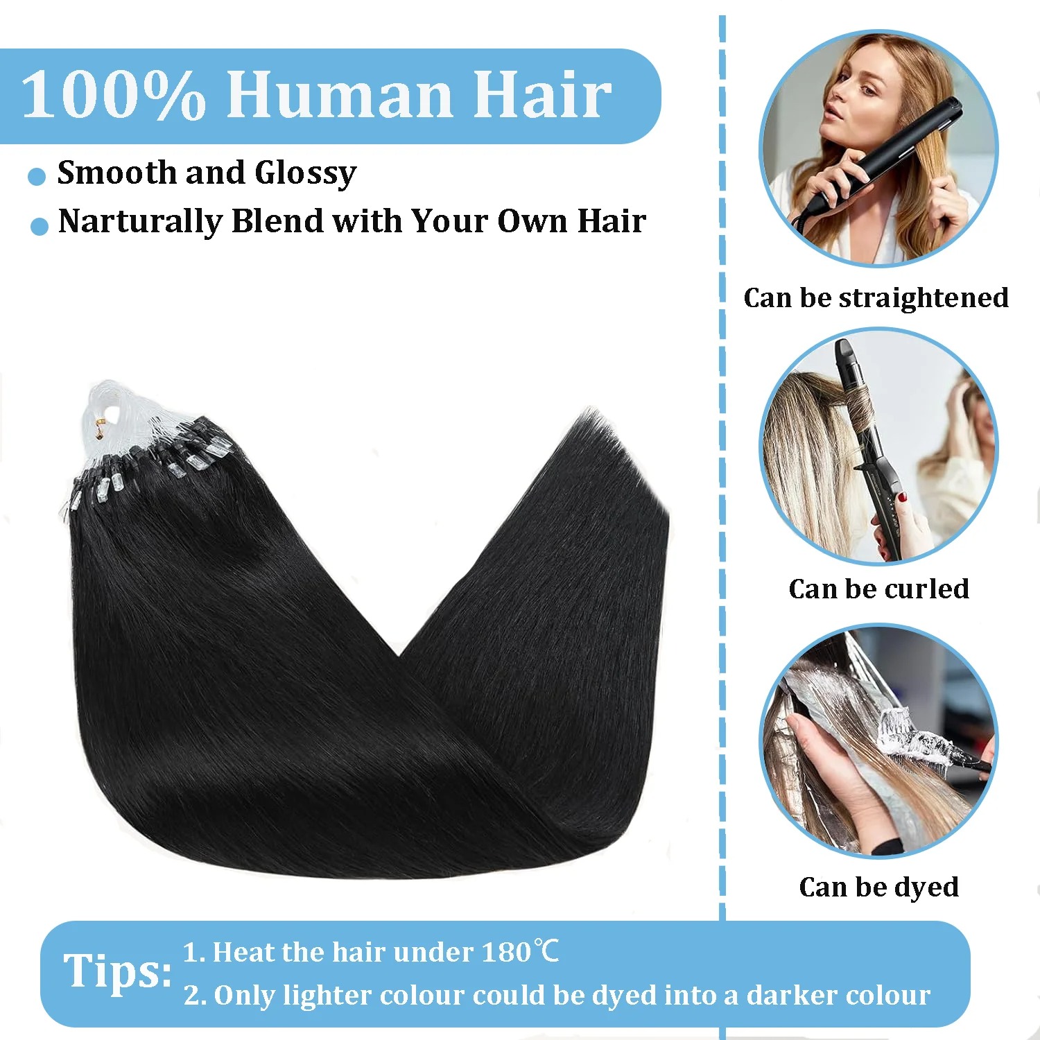 Straight Micro Loop ( link ) Hair Extensions – Brazilian Remy Human Hair, 100 Pieces, Color #1B