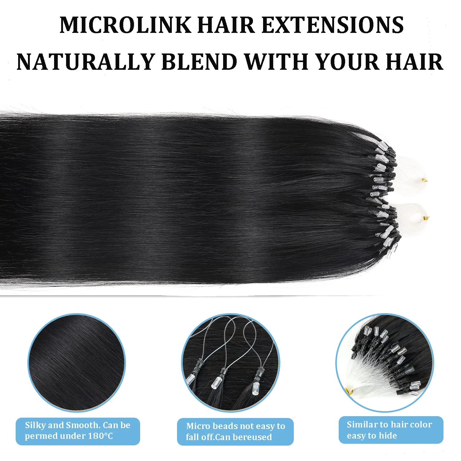 Straight Micro Loop ( link ) Hair Extensions – Brazilian Remy Human Hair, 100 Pieces, Color #1B