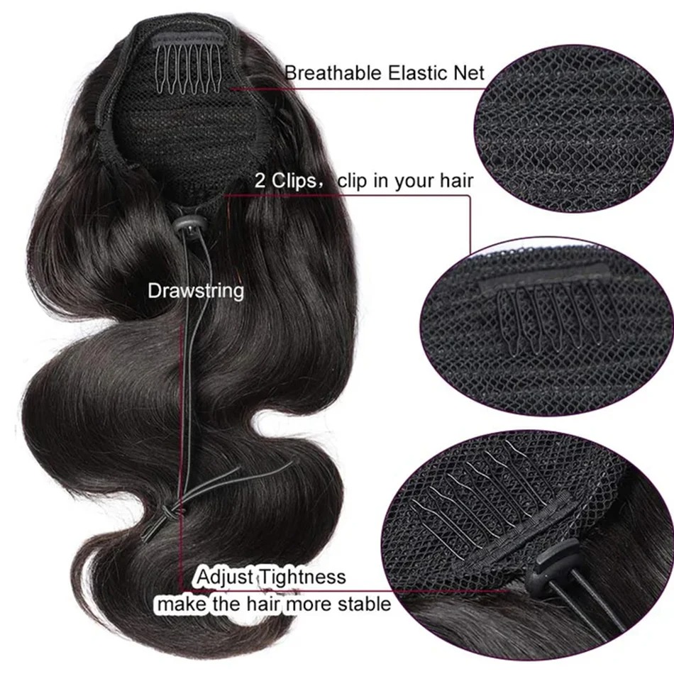 Body Wave Drawstring Ponytail Extension – 100% Real Human Hair, Soft Wavy Finish