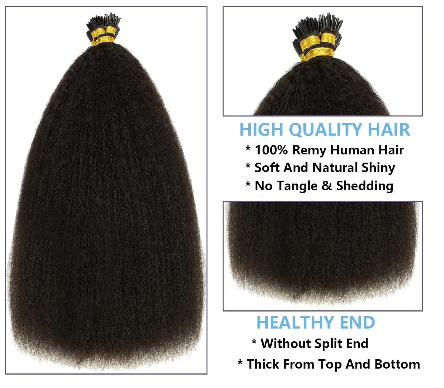 Kinky Straight I-Tip Hair Extensions – 100% Brazilian Virgin Human Hair, 100g, Color #1B