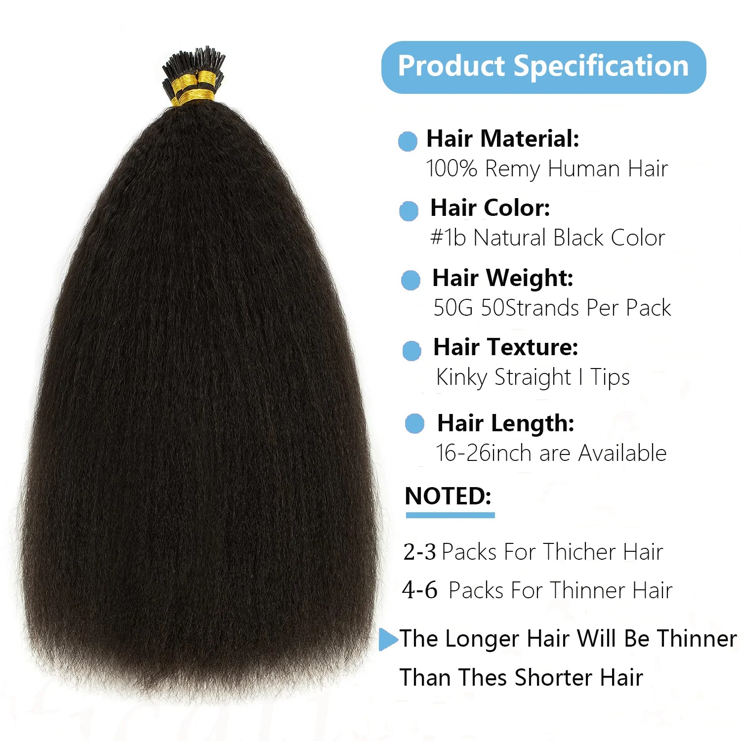 Kinky Straight I-Tip Hair Extensions – 100% Brazilian Virgin Human Hair, 100g, Color #1B