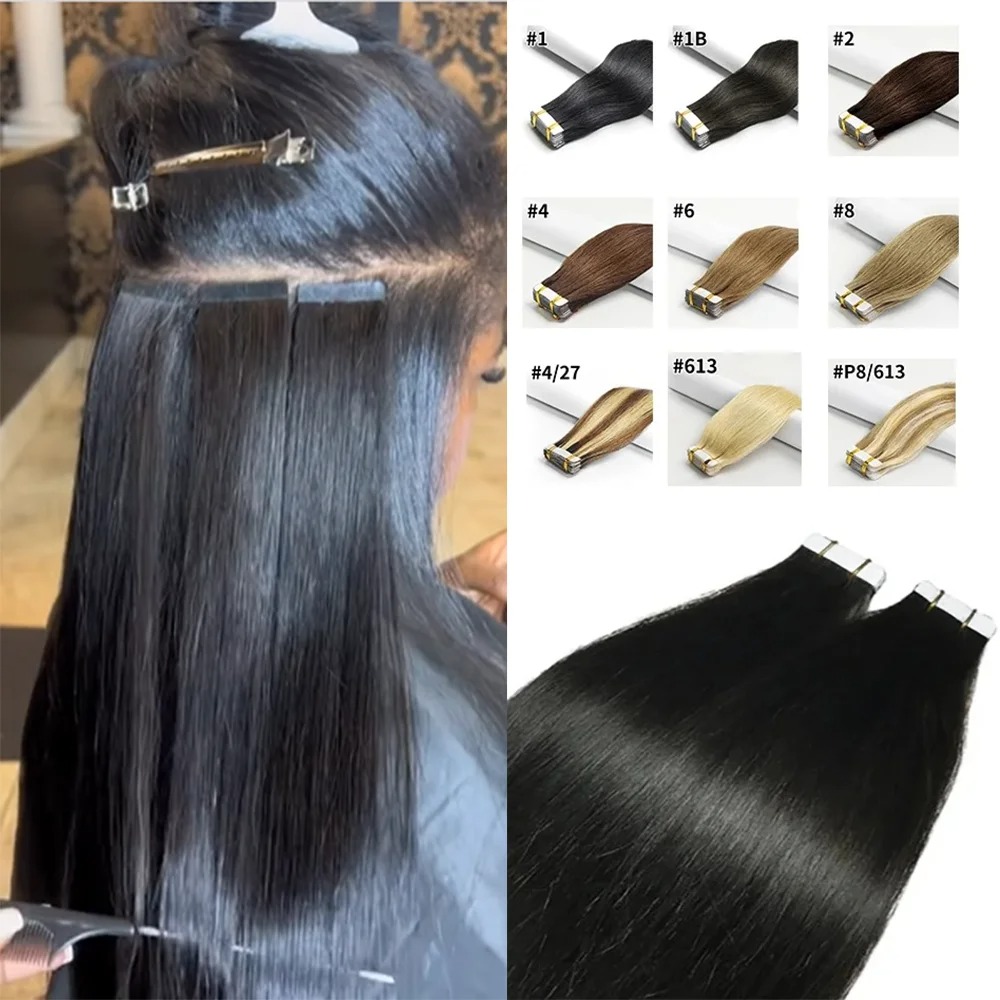 Brazilian Tape-In Hair Extensions – Straight, 100% Human Hair, ( 20 pcs-50g, 40 pcs-100g, or 60 pcs-150g ) for Seamless Installs
