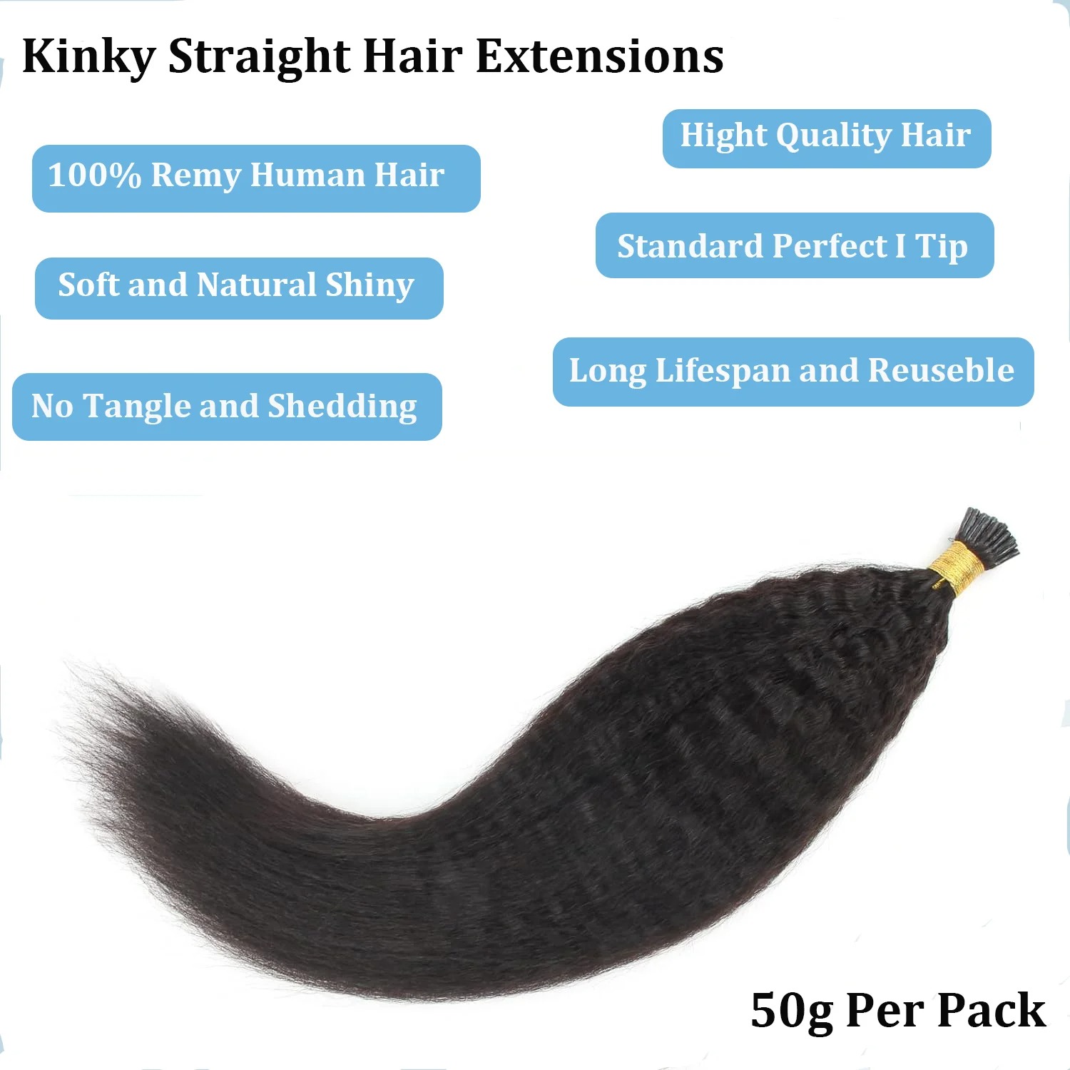 Kinky Straight I-Tip Hair Extensions – 100% Brazilian Virgin Human Hair, 100g, Color #1B