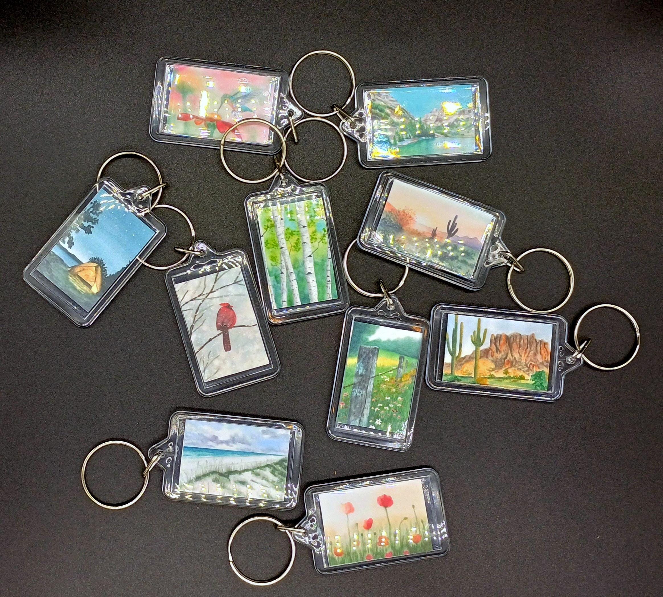 Acrylic keychain with watercolor art print; small nature inspired landscape art