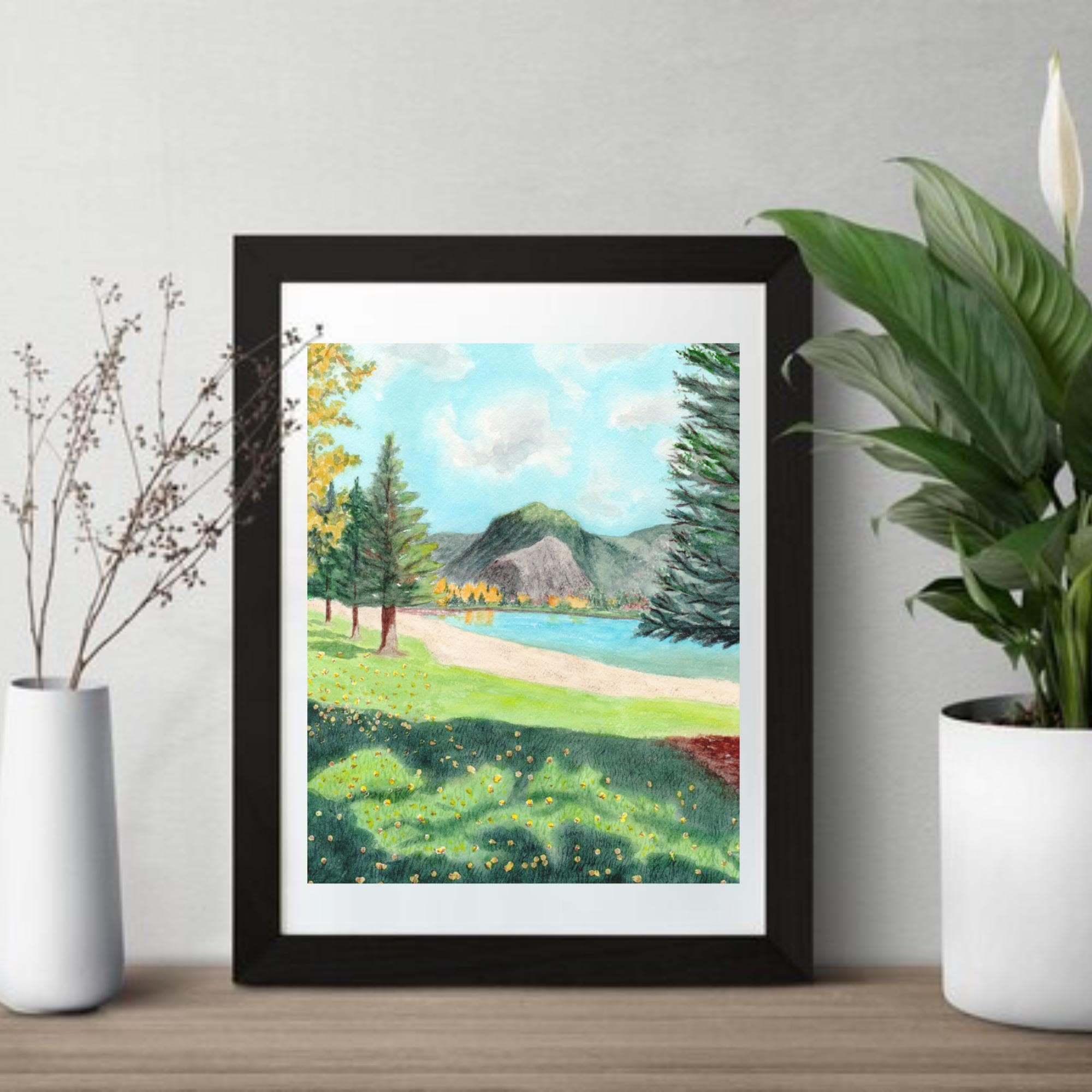 Colorado watercolor print; mountains, lake, trees and sunshine wall art