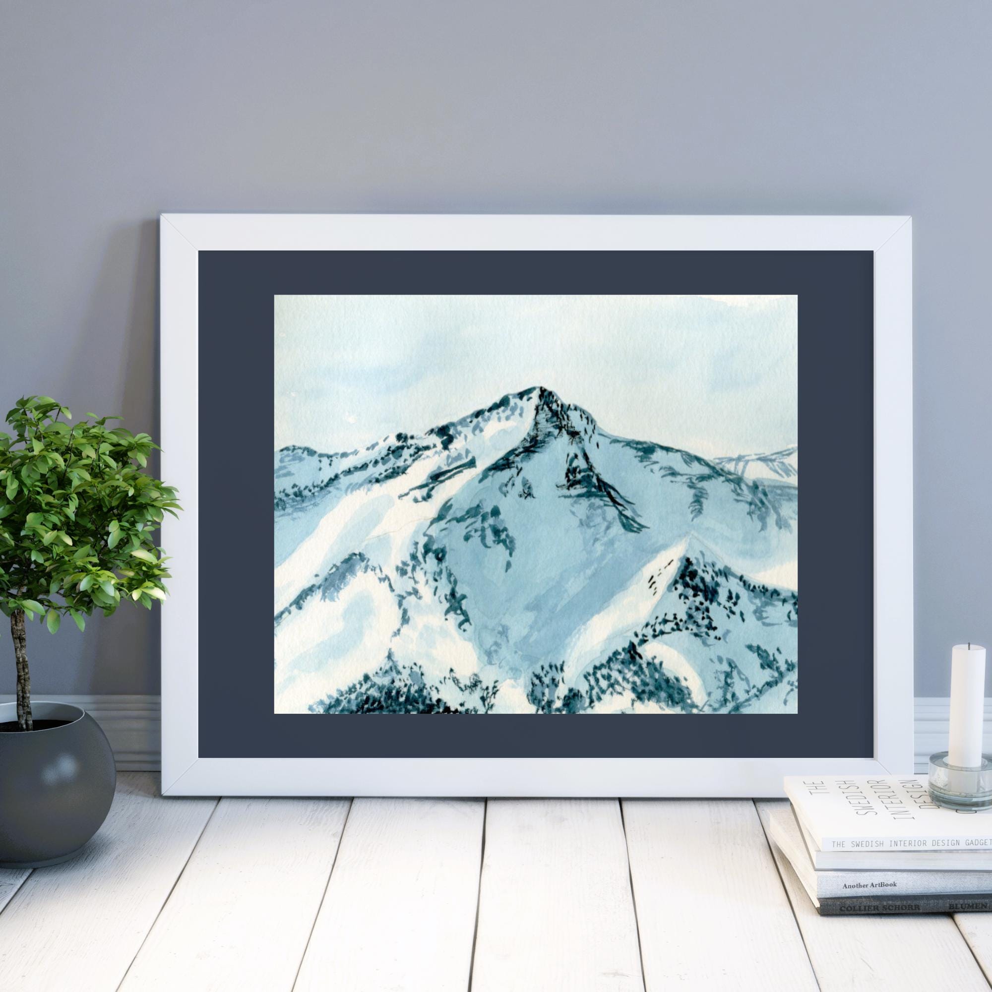 Snowy Mountain Top Watercolor Art Print