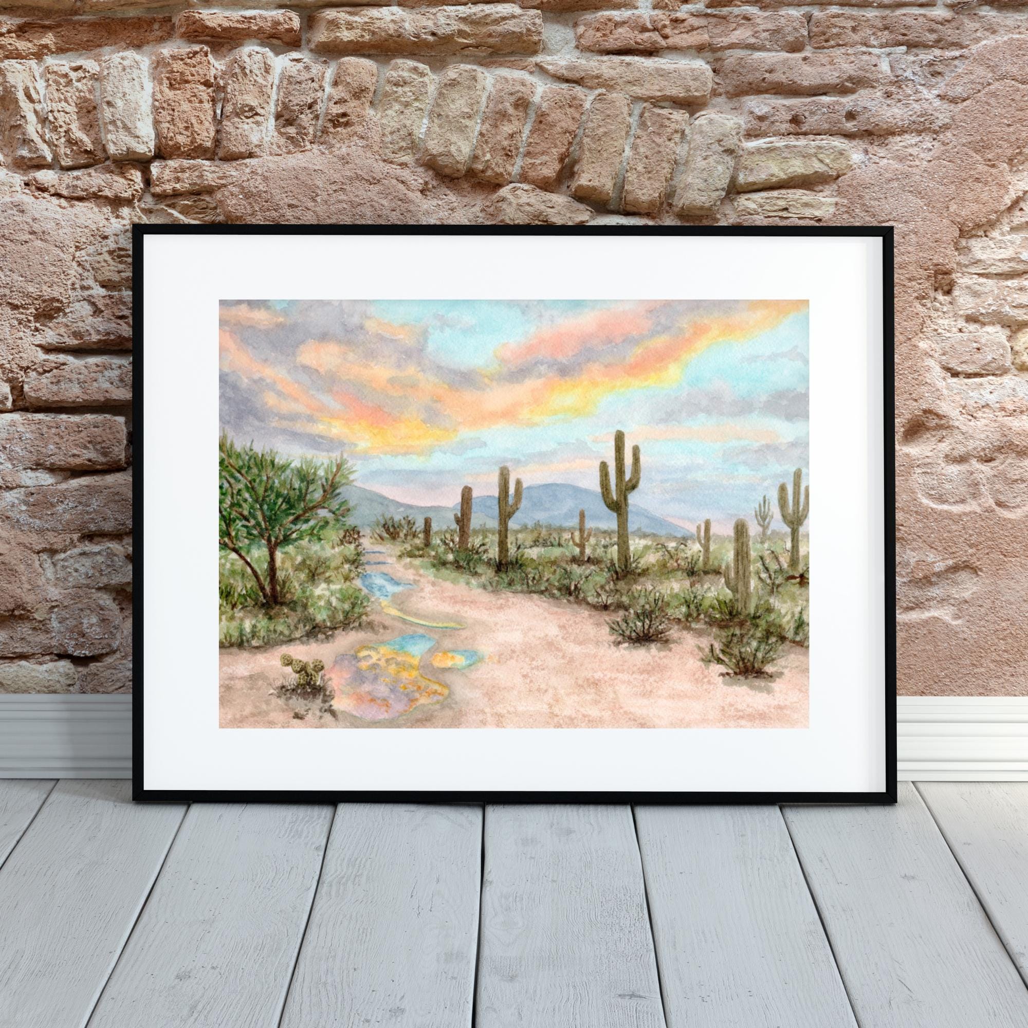 Saguaro Cactus Desert Sunset Watercolor Painting