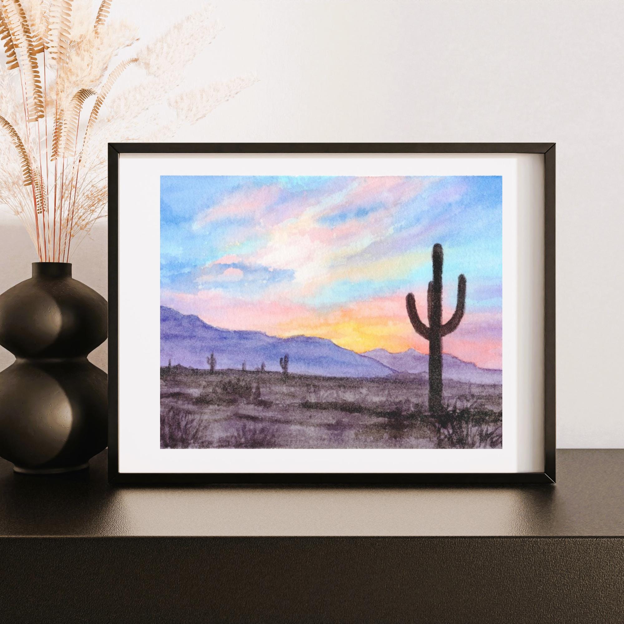 Desert Sunset Watercolor Print: Saguaro Cactus Art