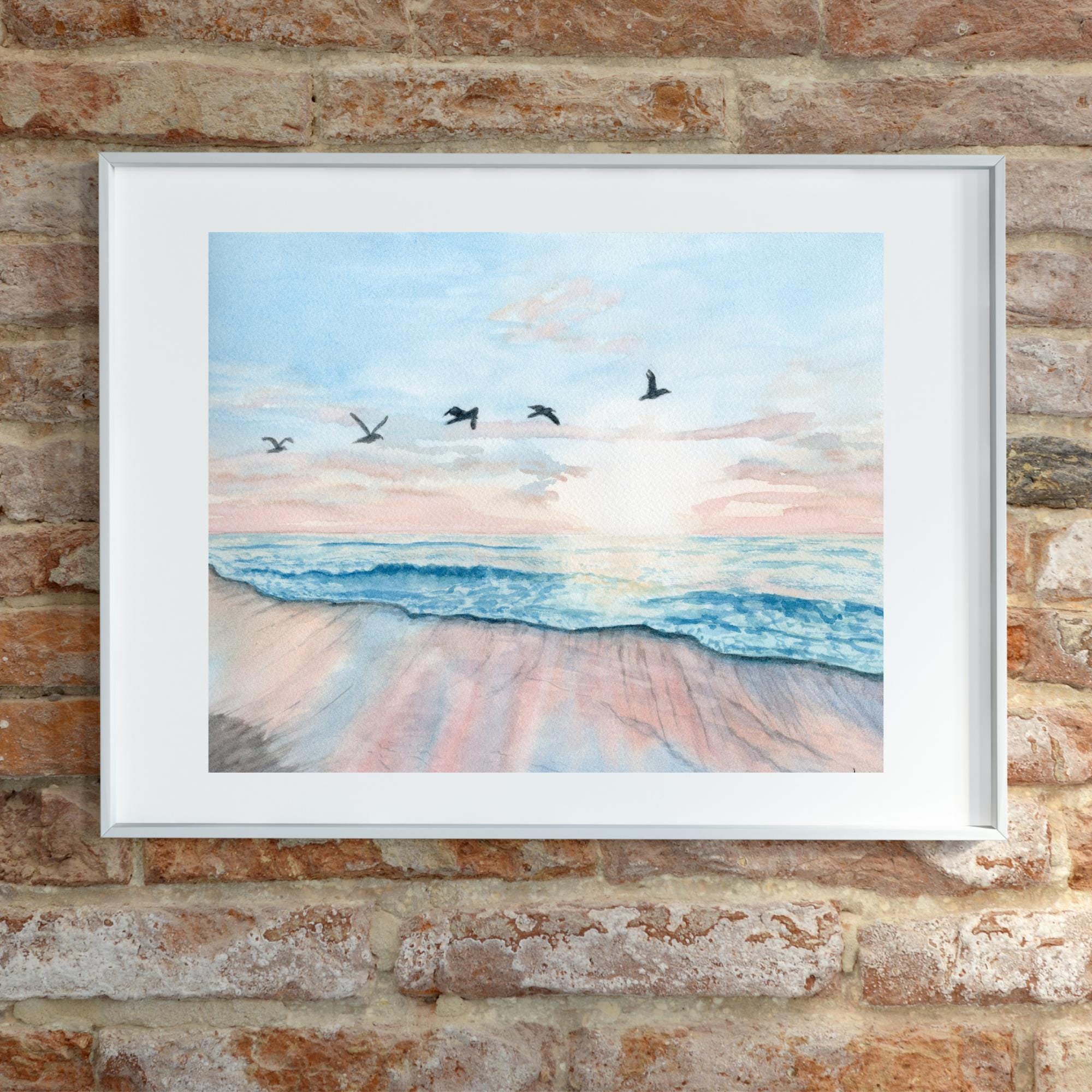Sunrise Beach Watercolor Art Print; ocean and seabirds