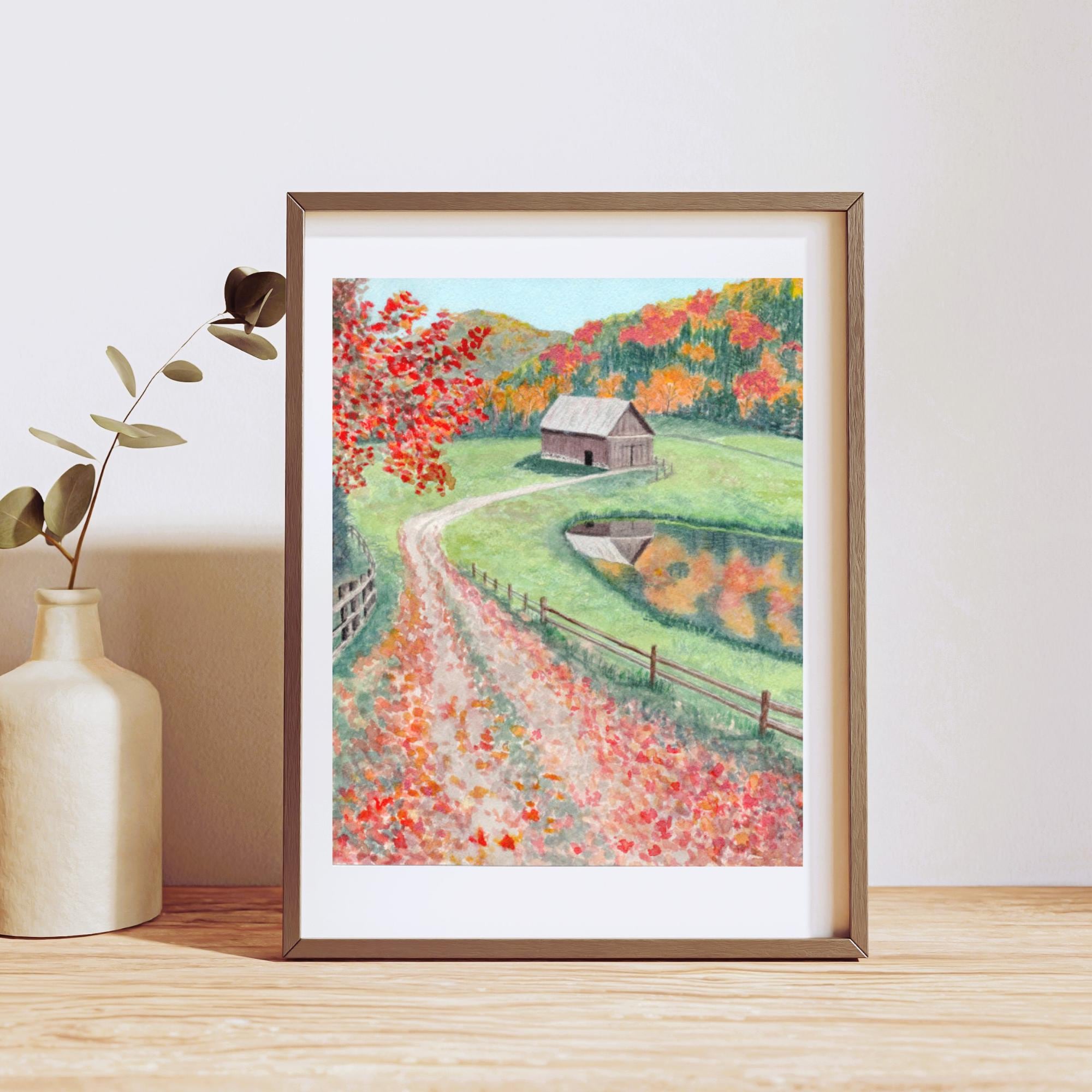 Fall Foliage Landscape Art with Barn
