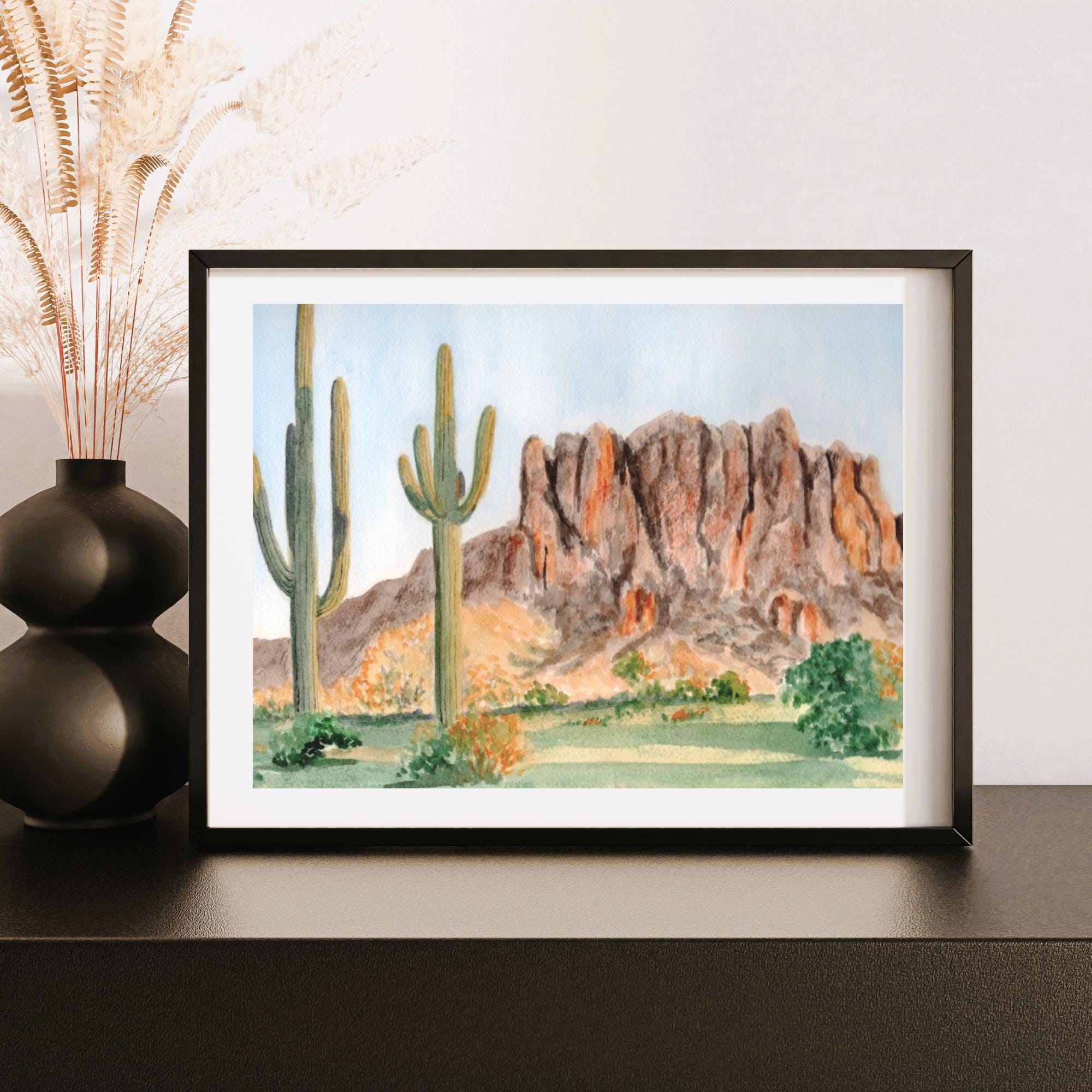 Superstition Mountain Watercolor Print: Arizona Desert Saguaro Cactus Art