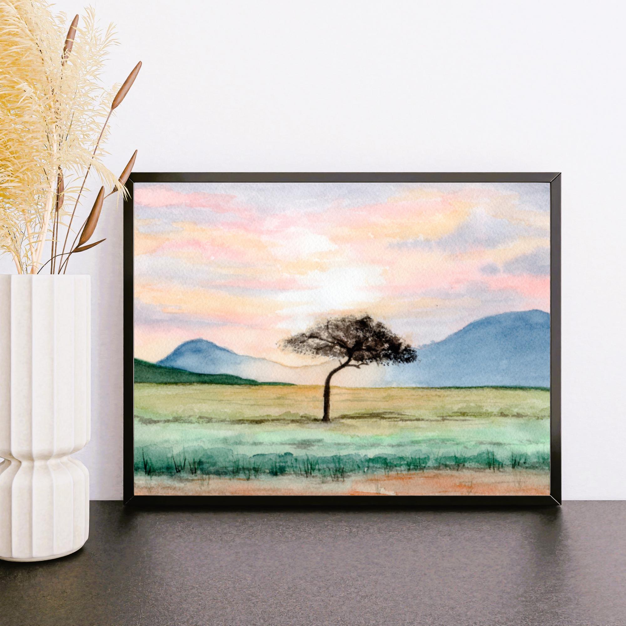 Acacia tree at sunset; Kenya Africa watercolor art