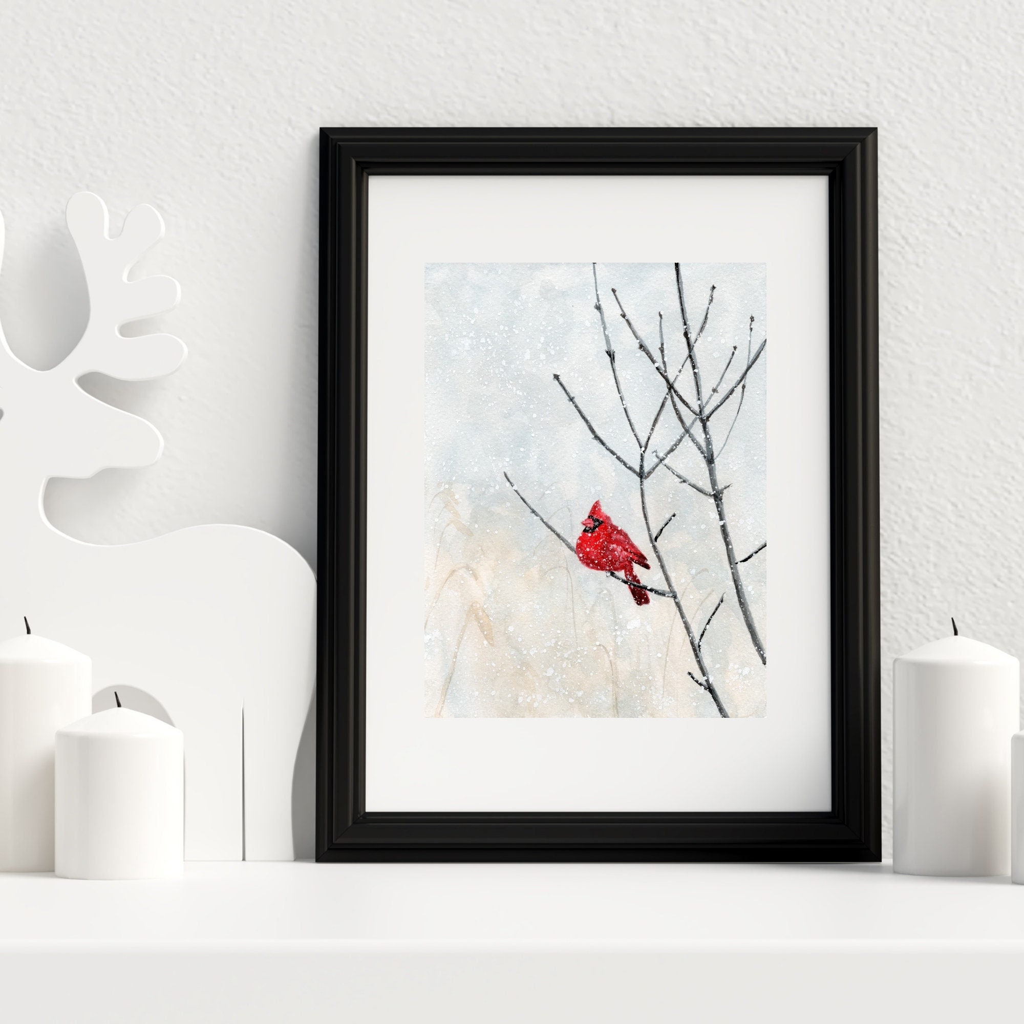 Cardinal Watercolor Print: Winter Bird Art