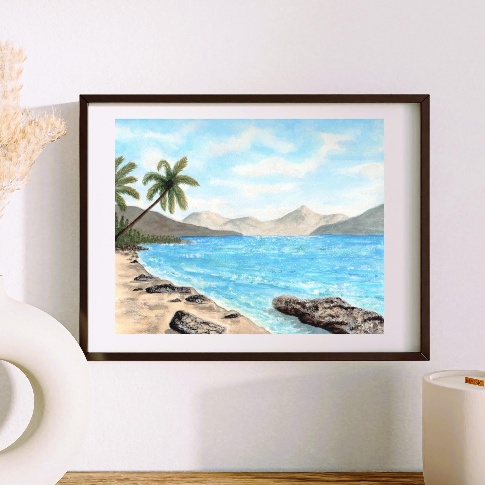 Tropical beach watercolor print; coastal art, beach house decor