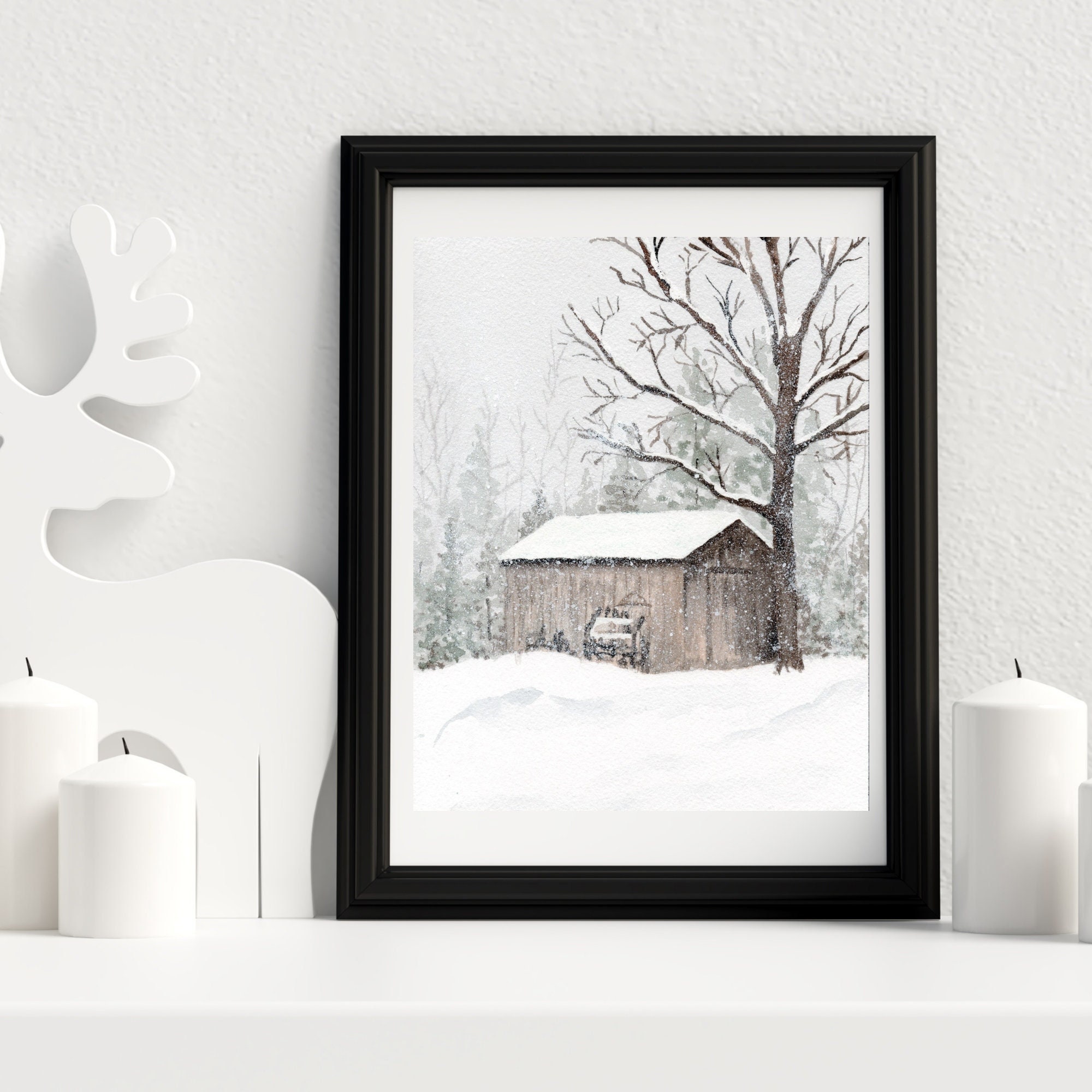 Winter Barn Watercolor Painting