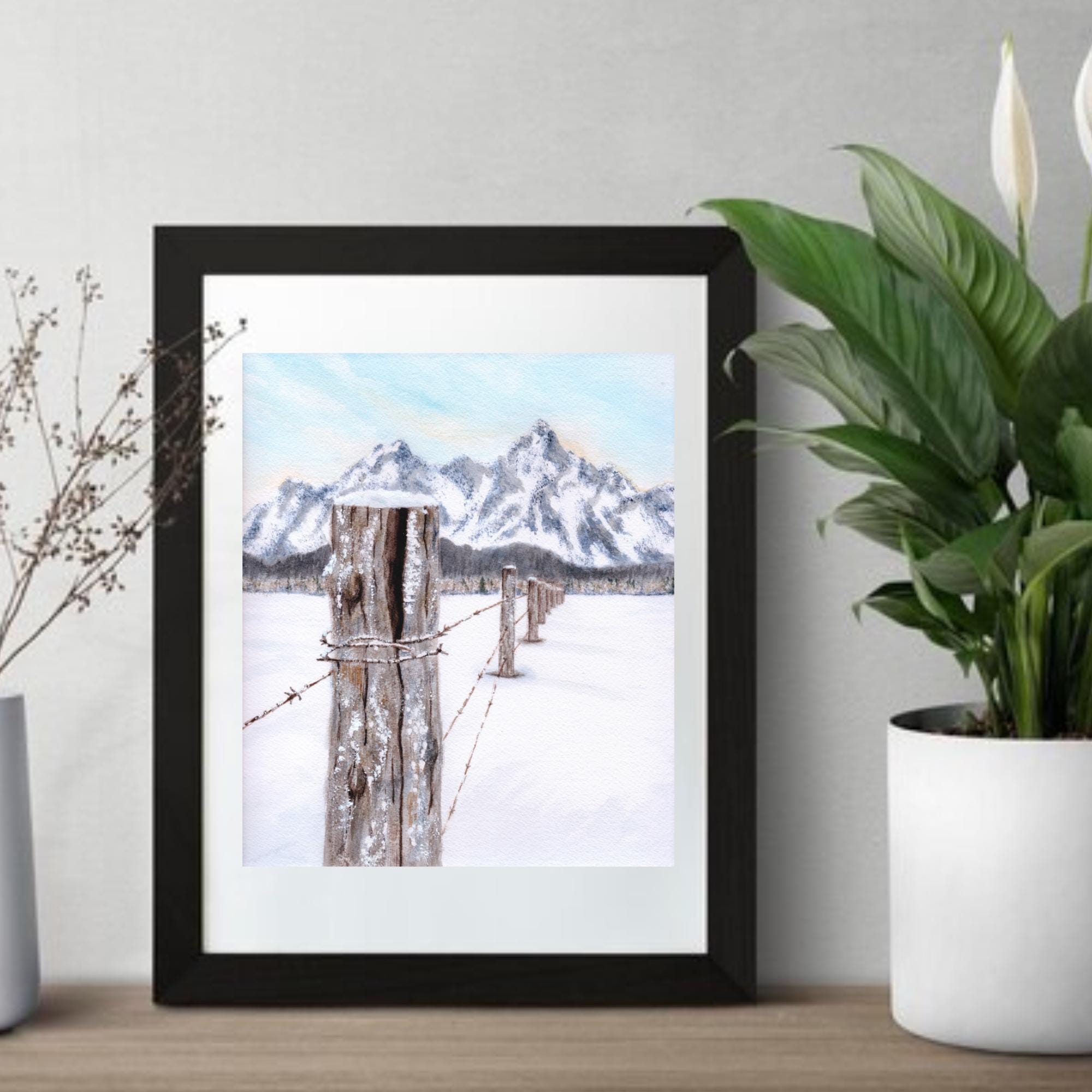 Snowy Mountain Fence Art Print