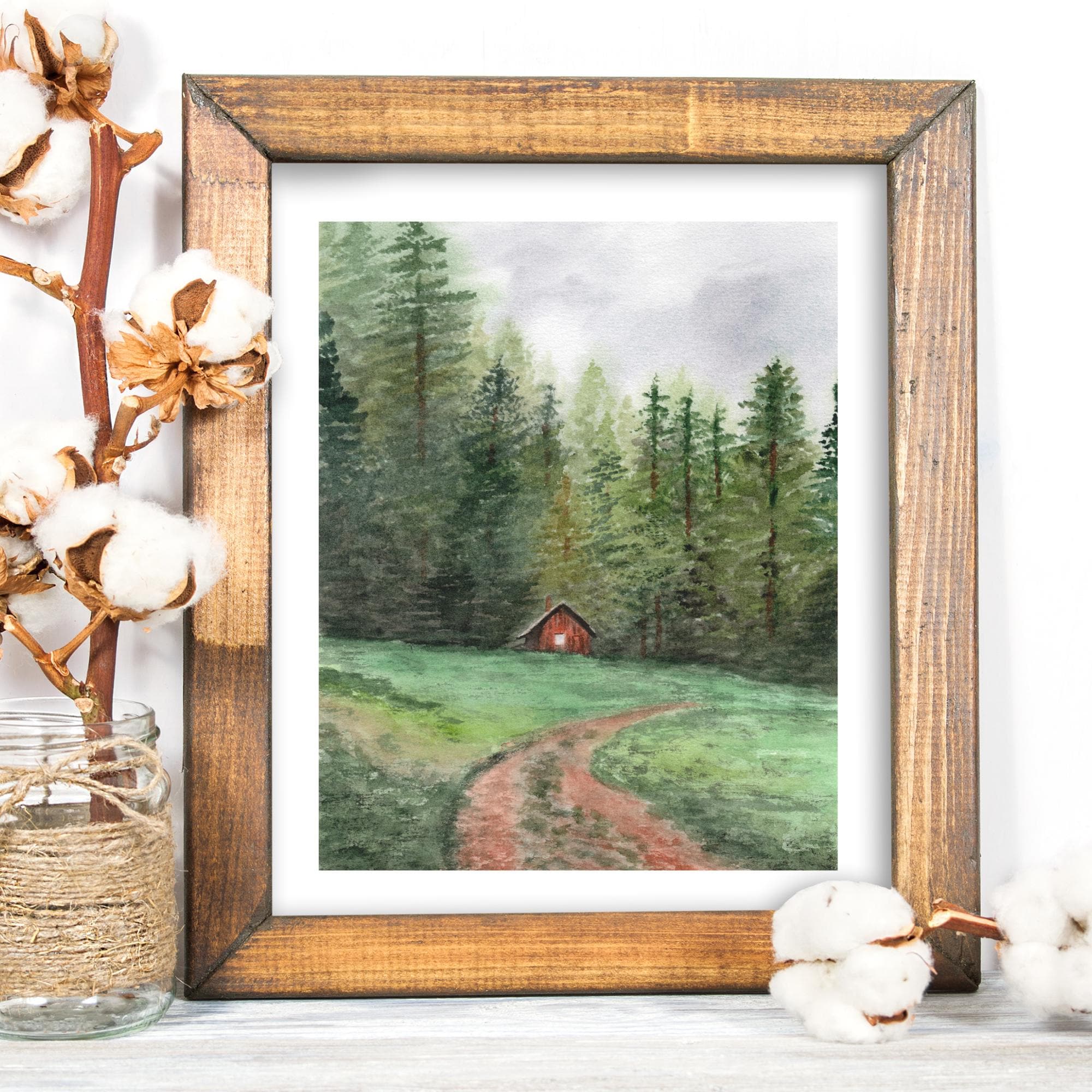 Forest Cabin Watercolor Painting; nature inspired art