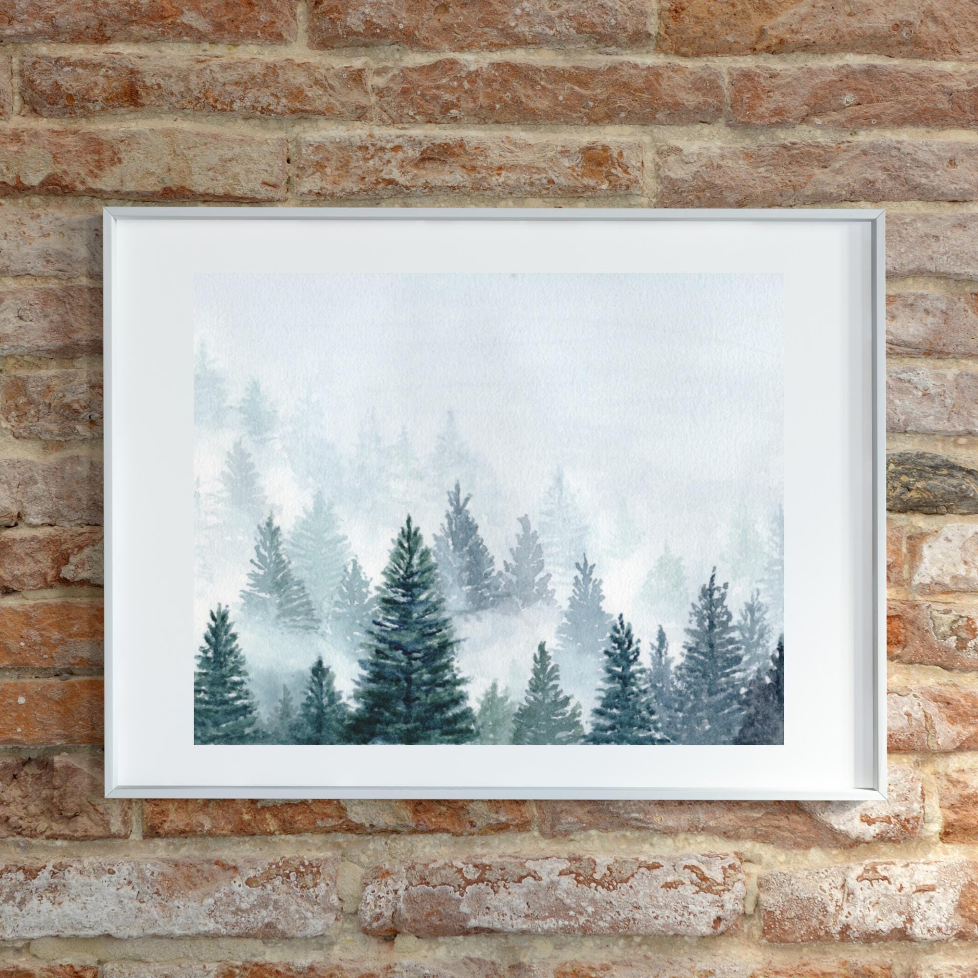 Misty Trees Art Print: Monochromatic Watercolor Landscape