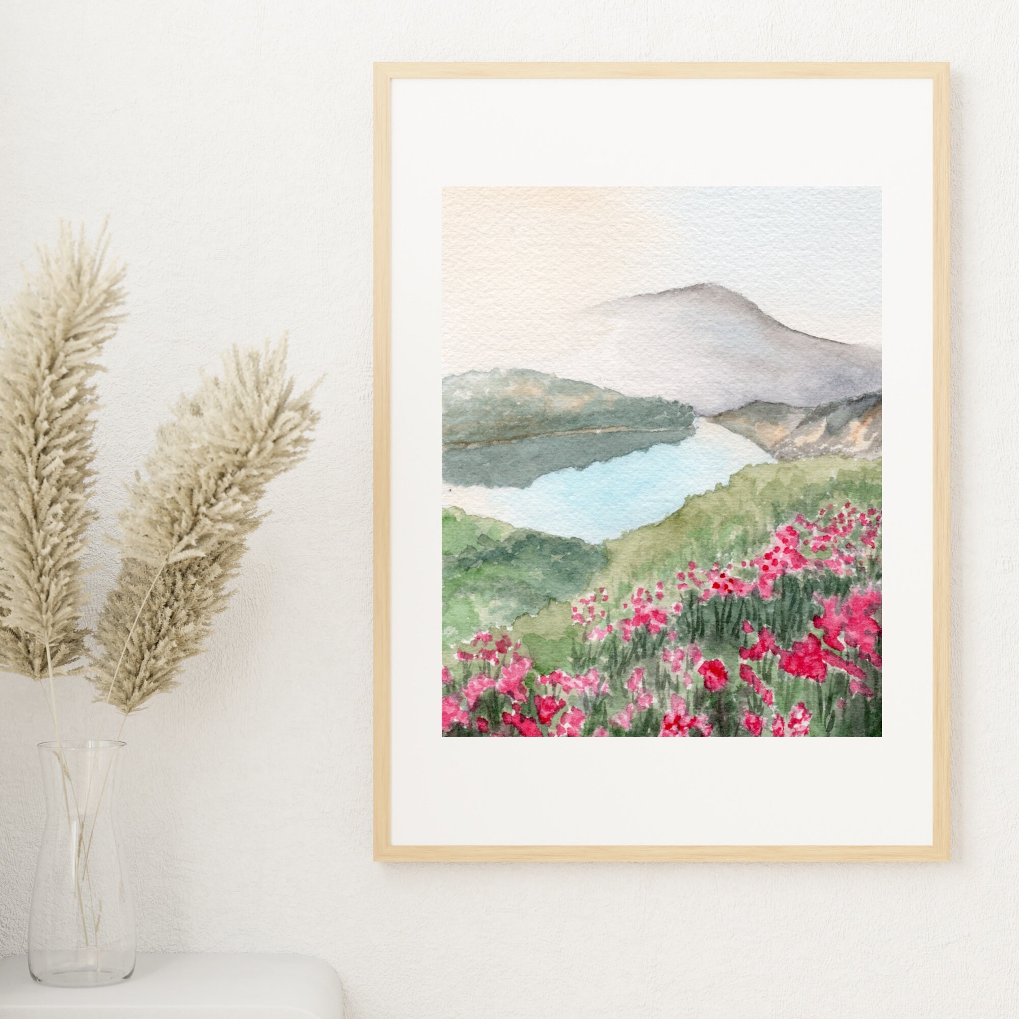 Mountain Floral Watercolor Print: Alpine Lake, Wildflower Meadow Art