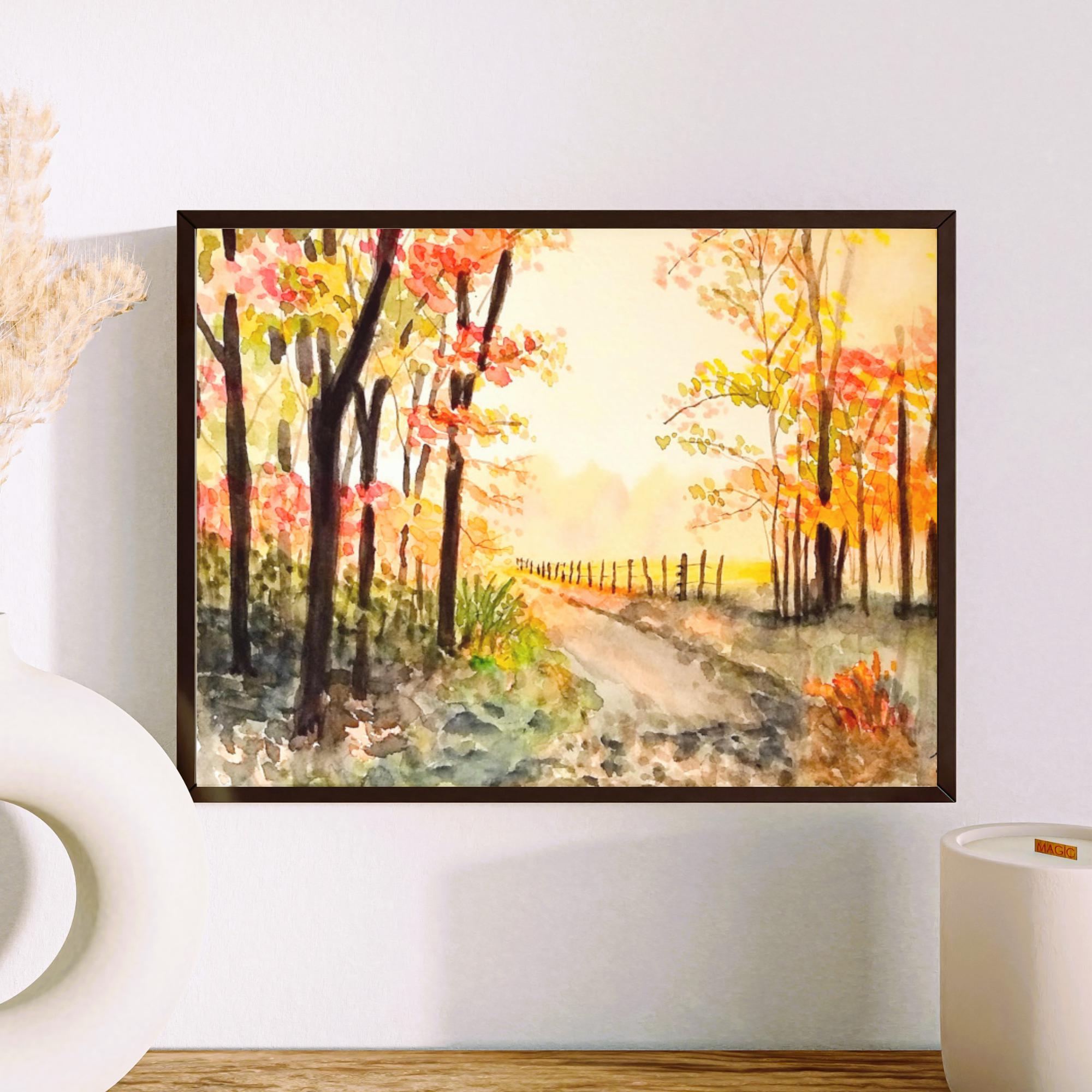 Autumn Watercolor Landscape Print: Fall Foliage Fine Art